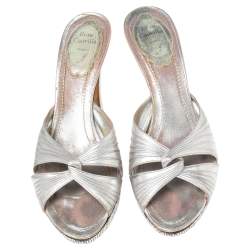 Rene Caovilla Metallic Silver Leather Slide Sandals Size 37.5