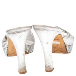 Rene Caovilla Metallic Silver Leather Slide Sandals Size 37.5