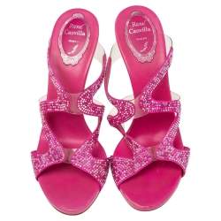 René Caovilla Pink Satin And PVC Crystal Embellished Open Toe Sandals Size 38