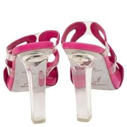 René Caovilla Pink Satin And PVC Crystal Embellished Open Toe Sandals Size 38