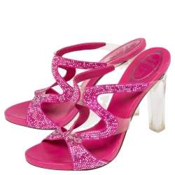René Caovilla Pink Satin And PVC Crystal Embellished Open Toe Sandals Size 38