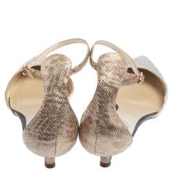 René Caovilla Silver Texture Leather Ankle Strap Kitten Heel Sandals Size 38.5