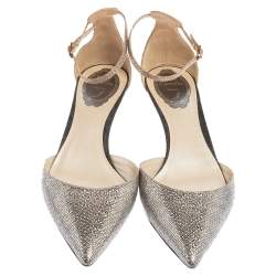 René Caovilla Silver Texture Leather Ankle Strap Kitten Heel Sandals Size 38.5