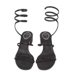 Rene Caovilla Black Satin Cleo Crystal Embellished Sandals Size 40