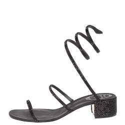 Rene Caovilla Black Satin Cleo Crystal Embellished Sandals Size 40