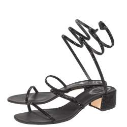 Rene Caovilla Black Satin Cleo Crystal Embellished Sandals Size 40