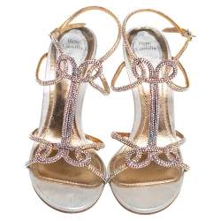 Pre Owned René Caovilla Beige Satin Crystal Embellished Ankle Strap Sandals Size 39.5