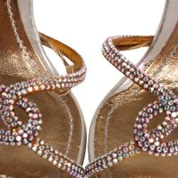 Pre Owned René Caovilla Beige Satin Crystal Embellished Ankle Strap Sandals Size 39.5