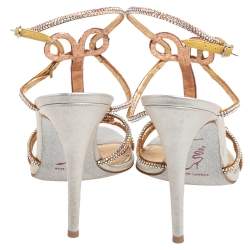 Pre Owned René Caovilla Beige Satin Crystal Embellished Ankle Strap Sandals Size 39.5