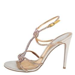 Pre Owned René Caovilla Beige Satin Crystal Embellished Ankle Strap Sandals Size 39.5