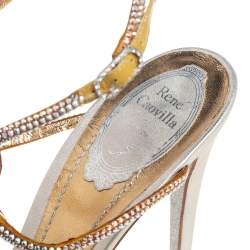 Pre Owned René Caovilla Beige Satin Crystal Embellished Ankle Strap Sandals Size 39.5