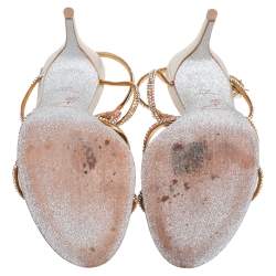 Pre Owned René Caovilla Beige Satin Crystal Embellished Ankle Strap Sandals Size 39.5