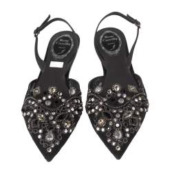مملوكة مسبقًا Rene Caovilla Black Satin Crystal Embellished  Slingback Flats Size 37.5