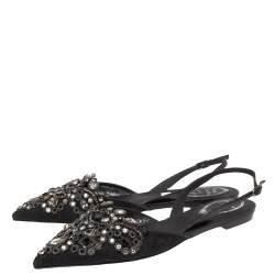مملوكة مسبقًا Rene Caovilla Black Satin Crystal Embellished  Slingback Flats Size 37.5