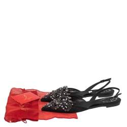 مملوكة مسبقًا Rene Caovilla Black Satin Crystal Embellished  Slingback Flats Size 37.5
