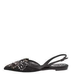 مملوكة مسبقًا Rene Caovilla Black Satin Crystal Embellished  Slingback Flats Size 37.5