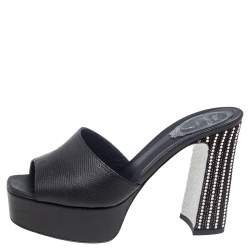 Pre Owned Rene Caovilla Black Leather Slide Sandals Size 37.5