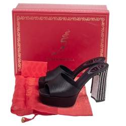 Pre Owned Rene Caovilla Black Leather Slide Sandals Size 37.5