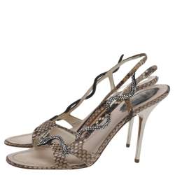 René Caovilla Beige Python Crystal Embellished Snake Slingback Sandals Size 39