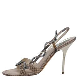 René Caovilla Beige Python Crystal Embellished Snake Slingback Sandals Size 39