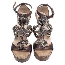 Pre Owned René Caovilla Brown Snakeskin Crystal Embellished Open Toe Sandals Size 37