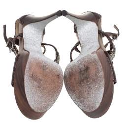 Pre Owned René Caovilla Brown Snakeskin Crystal Embellished Open Toe Sandals Size 37