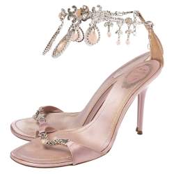 Rene Caovilla Pink Satin Embellished Anklet Open Toe Sandals Size 40