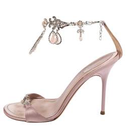 Rene Caovilla Pink Satin Embellished Anklet Open Toe Sandals Size 40