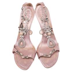 Rene Caovilla Pink Satin Embellished Anklet Open Toe Sandals Size 40