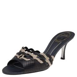 René Caovilla Black Python Leather And Embellished Satin Slides Sandals Size 38.5