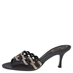 René Caovilla Black Python Leather And Embellished Satin Slides Sandals Size 38.5