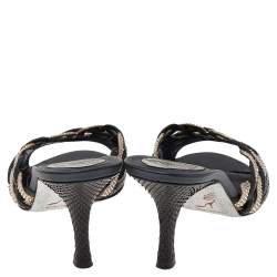 René Caovilla Black Python Leather And Embellished Satin Slides Sandals Size 38.5