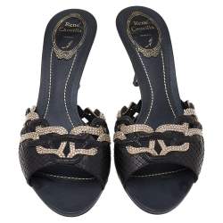 René Caovilla Black Python Leather And Embellished Satin Slides Sandals Size 38.5