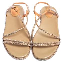 René Caovilla Peach Satin Emi Crystal Embellished Flat Sandals Size 38