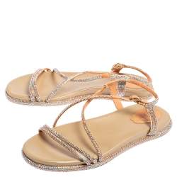 René Caovilla Peach Satin Emi Crystal Embellished Flat Sandals Size 38