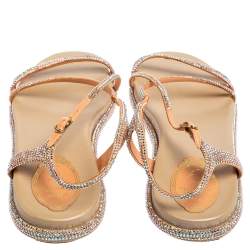 René Caovilla Peach Satin Emi Crystal Embellished Flat Sandals Size 38