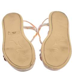 René Caovilla Peach Satin Emi Crystal Embellished Flat Sandals Size 38