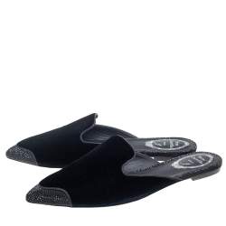 René Caovilla Black Velvet Crystal Embellished Flat Mule Size 38