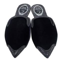 René Caovilla Black Velvet Crystal Embellished Flat Mule Size 38