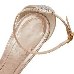 René Caovilla Metallic Beige Crystal Embellished Satin Ankle Strap Platform Sandals Size 37.5