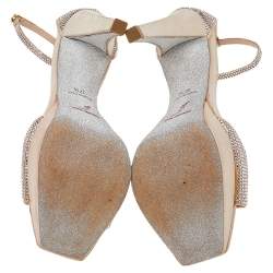 René Caovilla Metallic Beige Crystal Embellished Satin Ankle Strap Platform Sandals Size 37.5