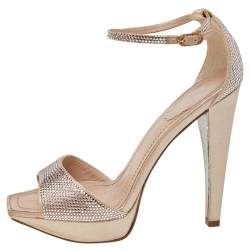 René Caovilla Metallic Beige Crystal Embellished Satin Ankle Strap Platform Sandals Size 37.5