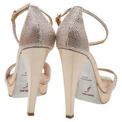 René Caovilla Metallic Beige Crystal Embellished Satin Ankle Strap Platform Sandals Size 37.5