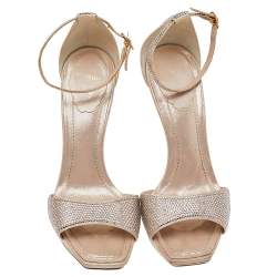 René Caovilla Metallic Beige Crystal Embellished Satin Ankle Strap Platform Sandals Size 37.5