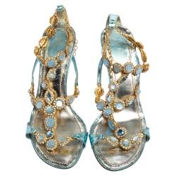 Pre Owned René Caovilla Metallic Blue Snakeskin Embossed Leather Stones/Crystals Embellished Ankle-Strap Sandals Size 39