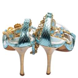Pre Owned René Caovilla Metallic Blue Snakeskin Embossed Leather Stones/Crystals Embellished Ankle-Strap Sandals Size 39