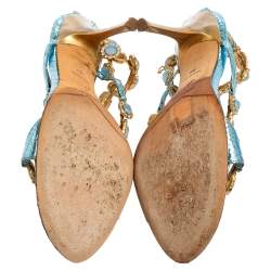 Pre Owned René Caovilla Metallic Blue Snakeskin Embossed Leather Stones/Crystals Embellished Ankle-Strap Sandals Size 39