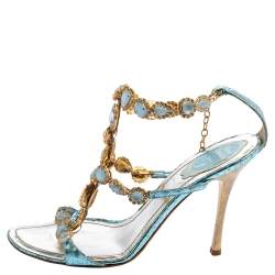 Pre Owned René Caovilla Metallic Blue Snakeskin Embossed Leather Stones/Crystals Embellished Ankle-Strap Sandals Size 39