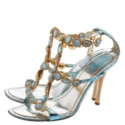 Pre Owned René Caovilla Metallic Blue Snakeskin Embossed Leather Stones/Crystals Embellished Ankle-Strap Sandals Size 39