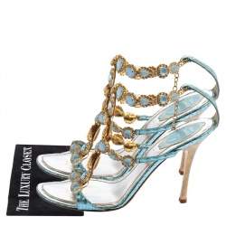 Pre Owned René Caovilla Metallic Blue Snakeskin Embossed Leather Stones/Crystals Embellished Ankle-Strap Sandals Size 39